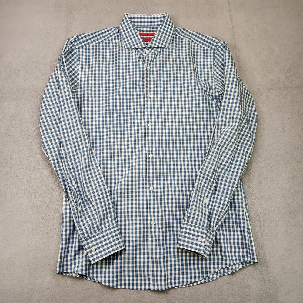 Hugo Boss Slim Fit Button Up Shirt Men's 16 Blue White Check Long Sleeve Cotton